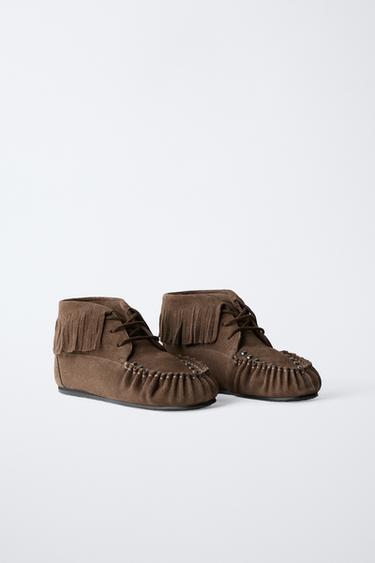 LEATHER LOW ANKLE BOOTS WITH FRINGES - Brown by Zara