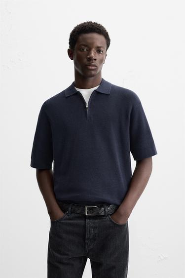 Zara LACİVERT - FERMUARLI İNCİ DOKUMA POLO T-SHIRT