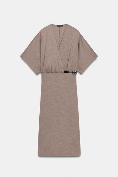 MIDI PIQUÉ DRESS WITH BELT - Light brown by Zara