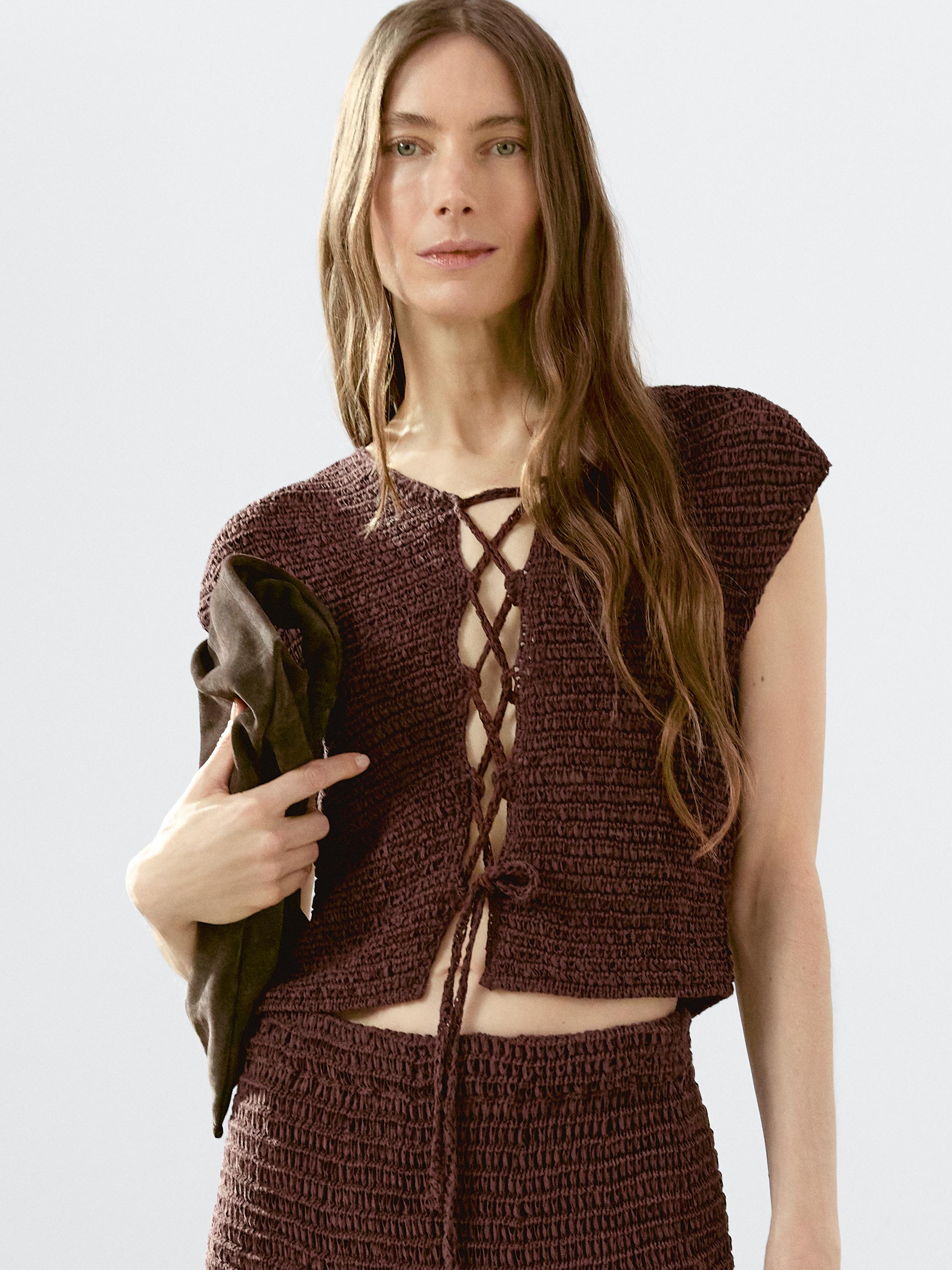 Cotton blend crochet waistcoat with tie detail