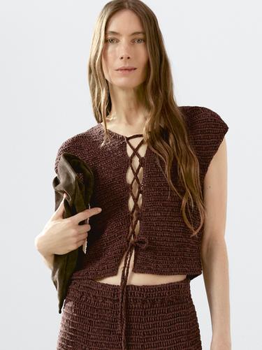 Zara Cotton blend crochet waistcoat with tie detail - Eggplant