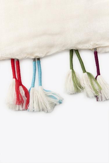 LINEN SCARF WITH POMPOMS - Ecru by Zara - Image 3