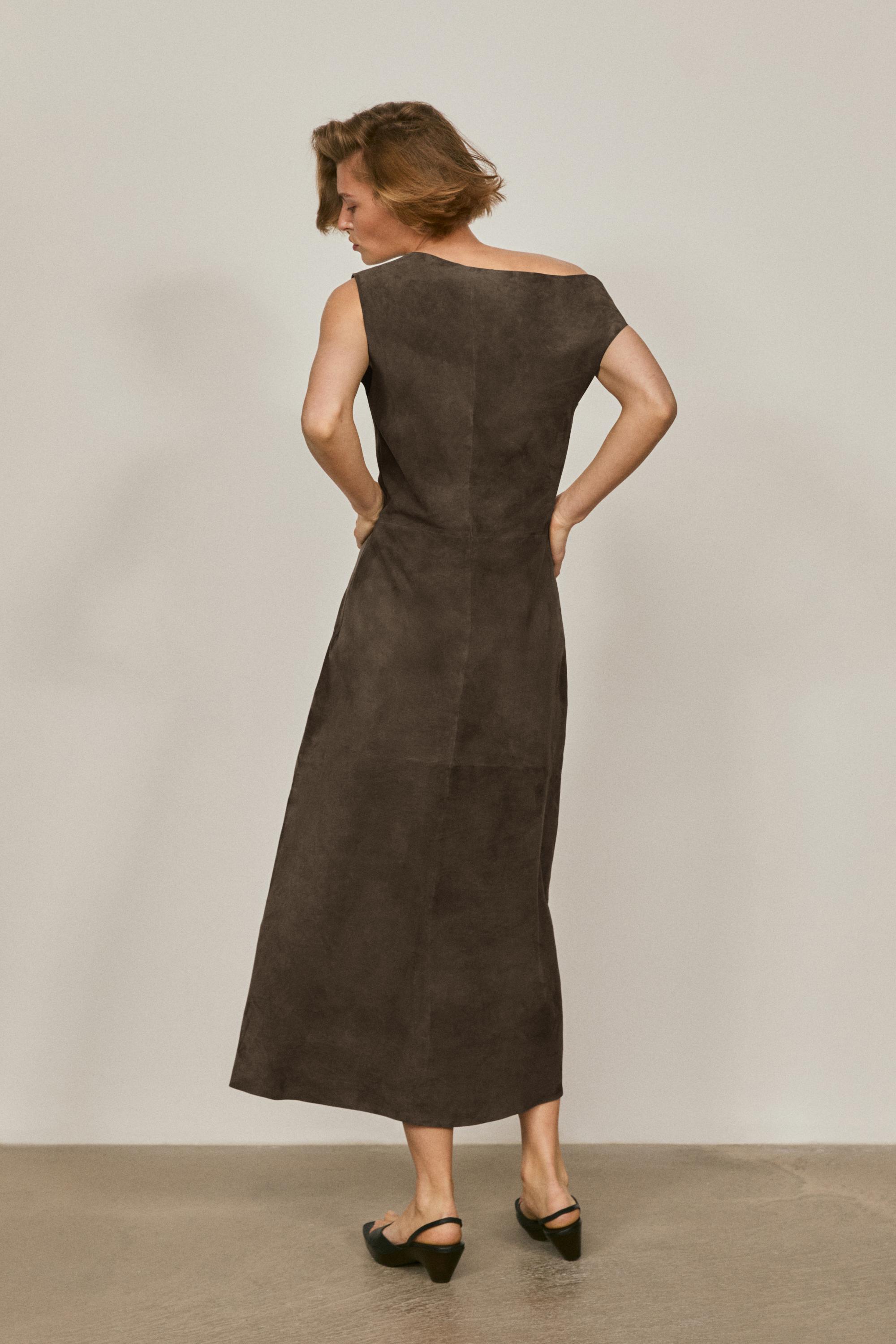 Suede leather midi dress with asymmetric neckline - LIMITED EDITION
