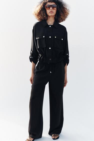 Zara 鬆緊帶腰身飄逸長褲 - 黑色