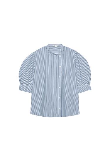 Front view of a blue and white striped blouse with puff sleeves and a round neck. Visible central button placket.