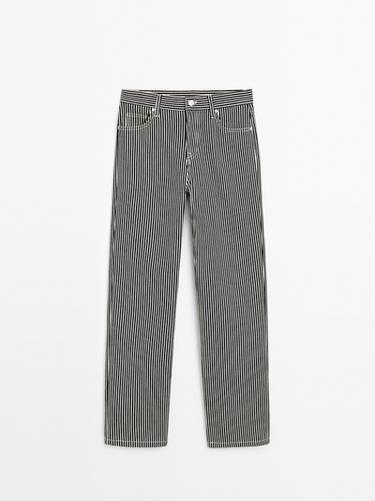 Straight low rise jeans with stripes - Bleu encre de Zara