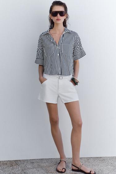 Zara LINEN BLEND CROPPED SHIRT - Blue / White