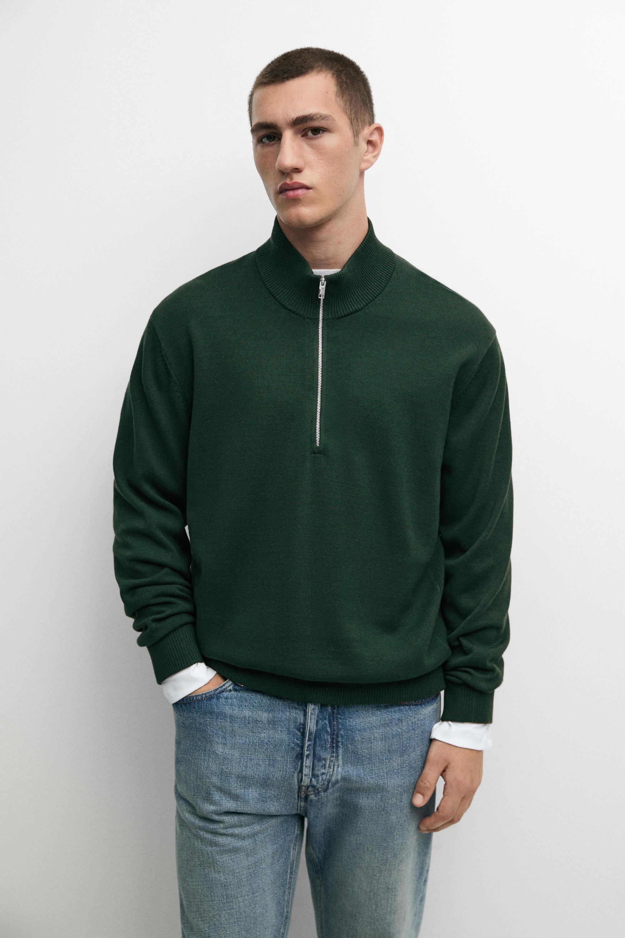 Mock neck zip knit sweater — Khaki Green