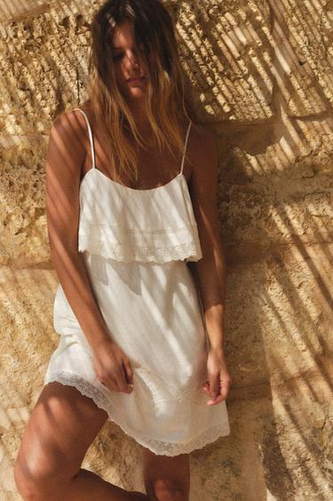 Zara EMBROIDERED SHORT DRESS - Ecru