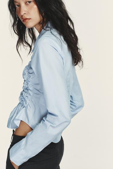 Zara POPLIN SHIRT WITH ELASTICATED RUFFLES - Sky blue