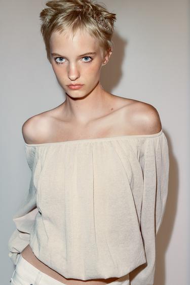 Zara BOAT NECK KNIT BLOUSE - Sand