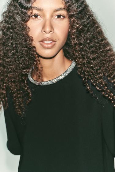 TOP WITH GLITTER NECK - Black by Zara - Image 2