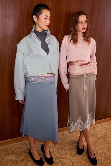 FALDA EFECTO LAVADO COMBINADA ENCAJE - Marrón / Topo de Zara