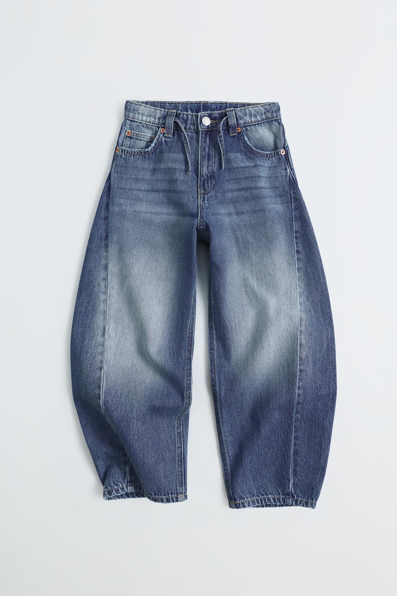 BARREL JEANS WITH DRAWSTRING BELT — Mid-blue
