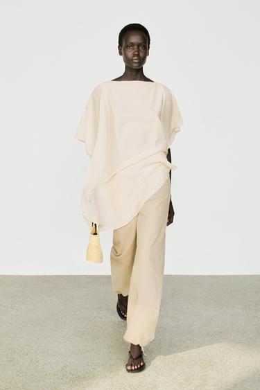 Zara Asymmetric cape-style flowing blouse - Oyster-white - Image 0
