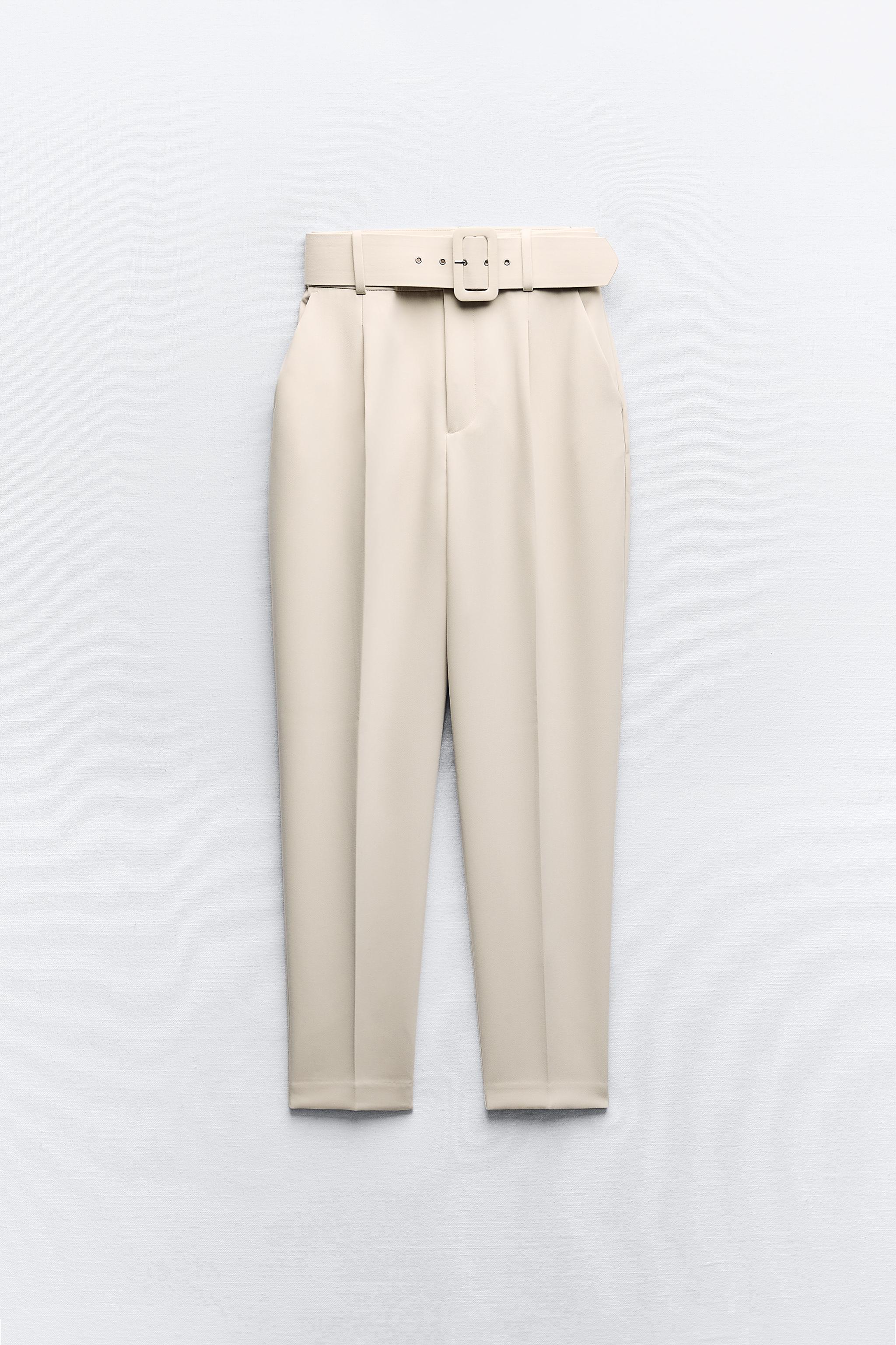 Cream High Waist Belted Pants with Button Cuff - WANTS