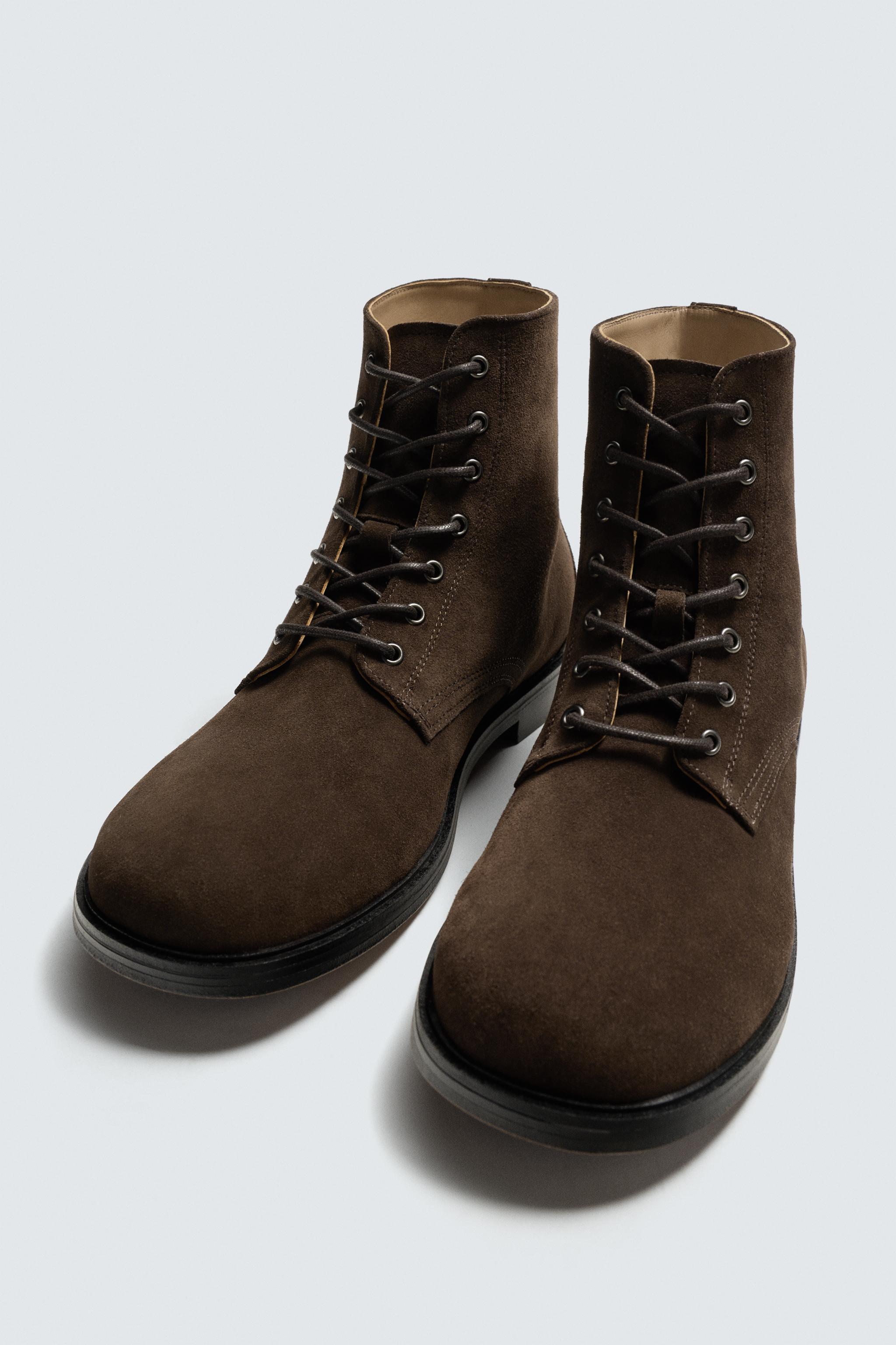Zara Men’s ブーツ　こげ茶 レザーレースアップブーツ - ブラウン | ZARA Japan / 日本
