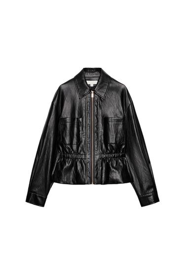LEATHER EFFECT JACKET WITH ELASTICATED WAIST - Black by Zara