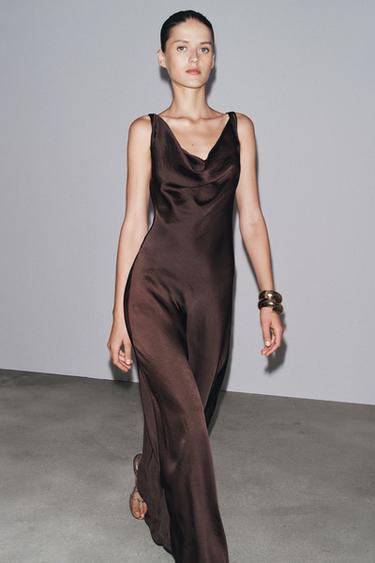 ZW COLLECTION LONG SATIN DRESS - Brown by Zara