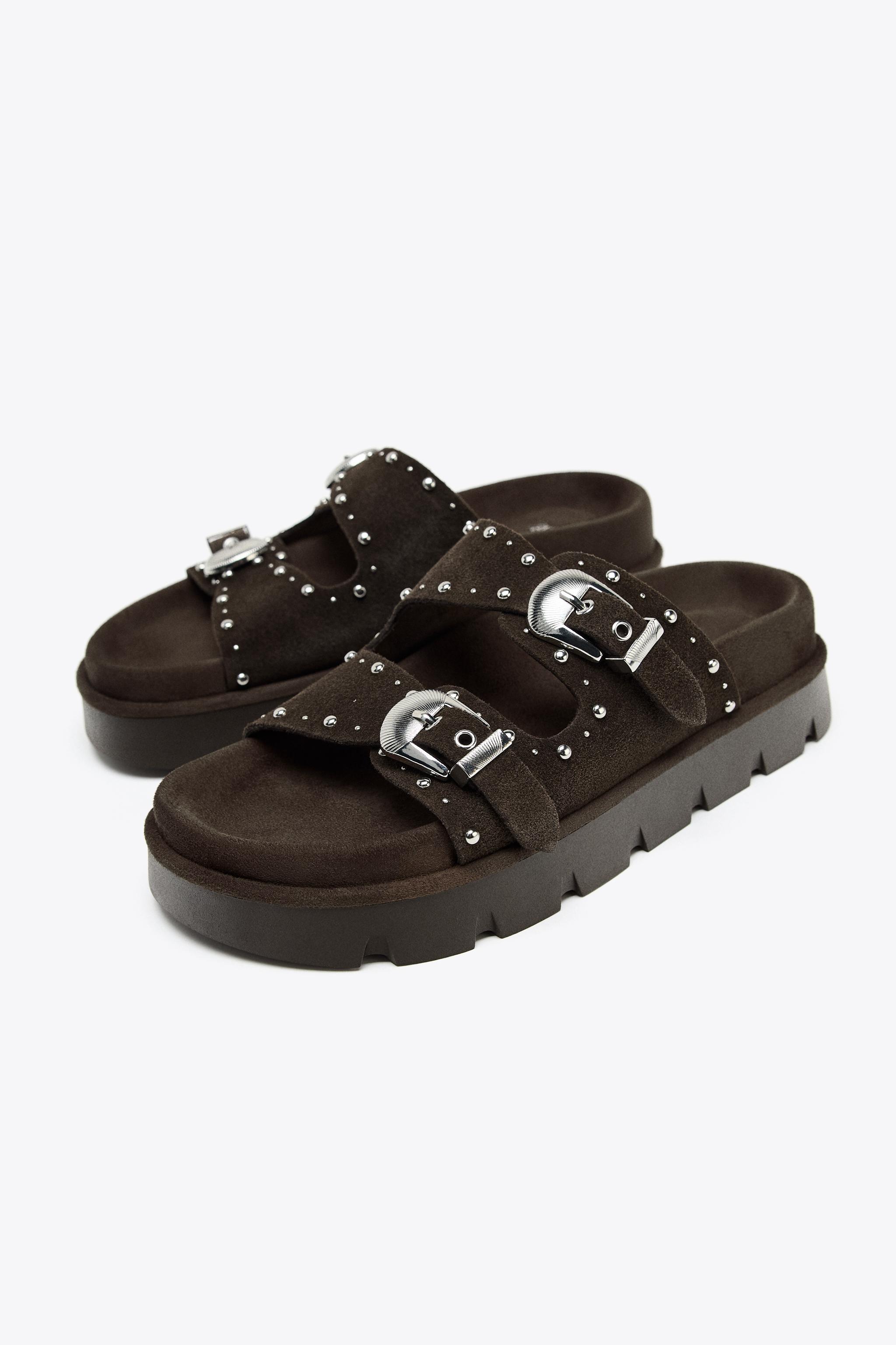 スタッズ付きレザーフラットサンダル - ブラウン | ZARA Japan