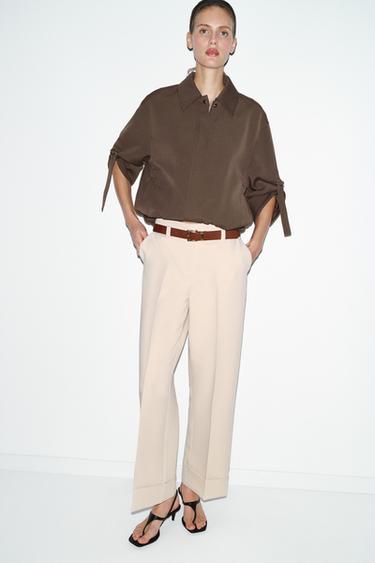 Zara CUFFED HEM BELTED PANTS - Ecru