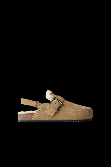 Zara LINED LEATHER CLOGS - Beige