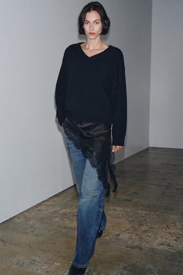 Zara 100% WOOL V-NECK SWEATER - Navy blue