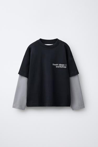 ダブルロングスリーブテキストTシャツブルー/グレーZaraのダブルロングスリーブテキストTシャツ - ブルー/グレー 