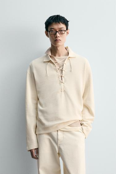 TEXTURED DRAWSTRING POLO SHIRT - Oyster-white by Zara