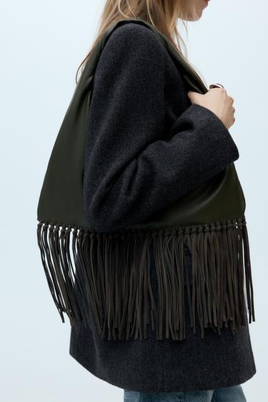 SAC PORTÉ ÉPAULE À FRANGES - Vert de Zara - Image 1