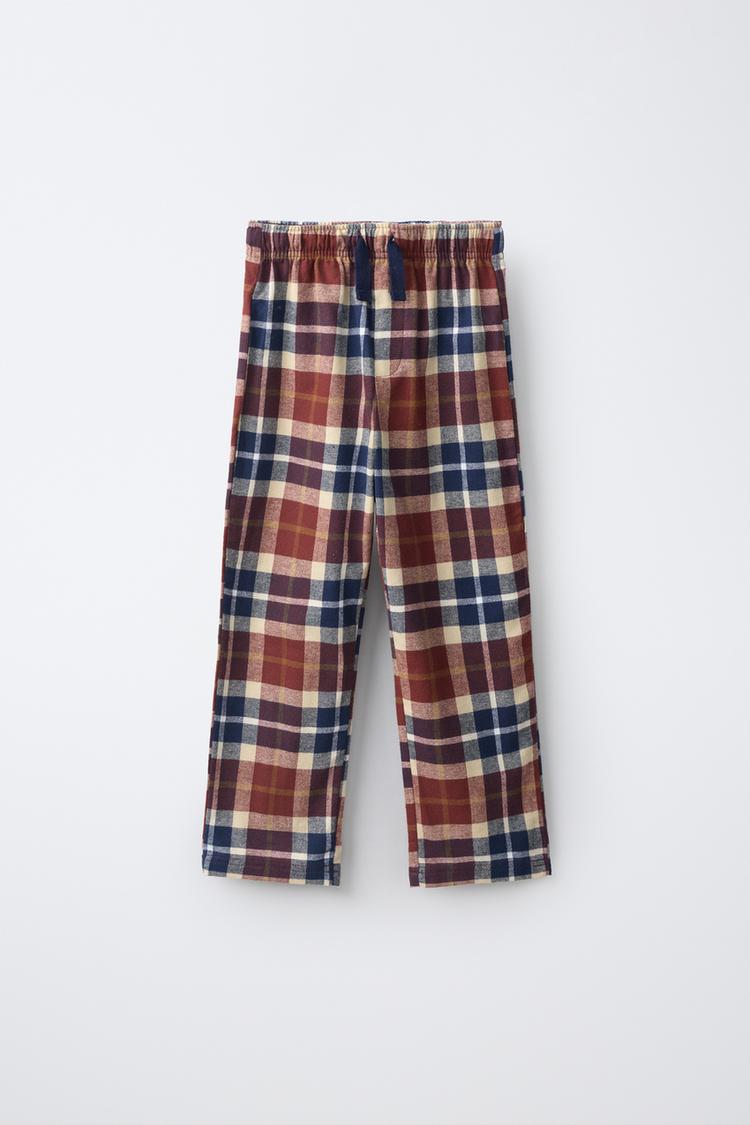 6-14 YEARS/ WARM CHECK PYJAMAS — Brown-Blue