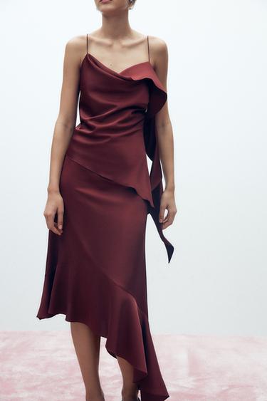 ASYMMETRIC SATIN SKIRT WITH RUFFLE - Burgundy by Zara - Image 1