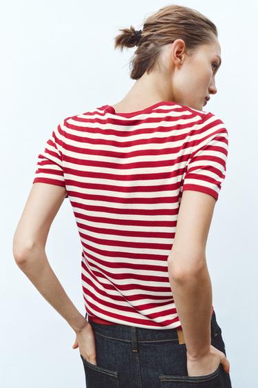 Zara STRIPED SHORT SLEEVE KNIT TOP - Ecru / Red