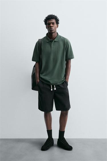 Zara WASHED TEXTURED PIQUÉ POLO SHIRT - Washed green