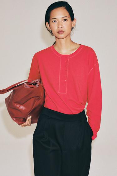 LINEN BLEND HENLEY T-SHIRT - Strawberry by Zara