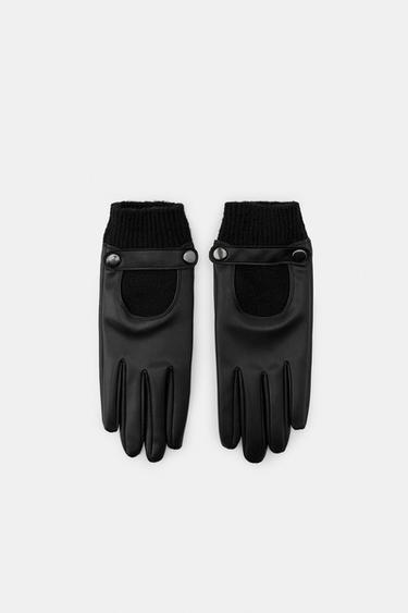 LEATHER EFFECT KNIT GLOVES - Black by Zara