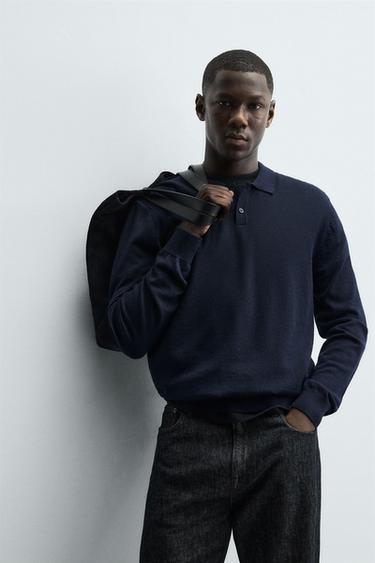 POLO EN MAILLE 100 % LAINE - Bleu marine de Zara - Image 5
