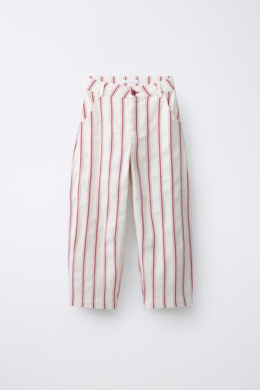 Zara STRIPED COTTON LINEN BARREL PANTS - Ecru / Red