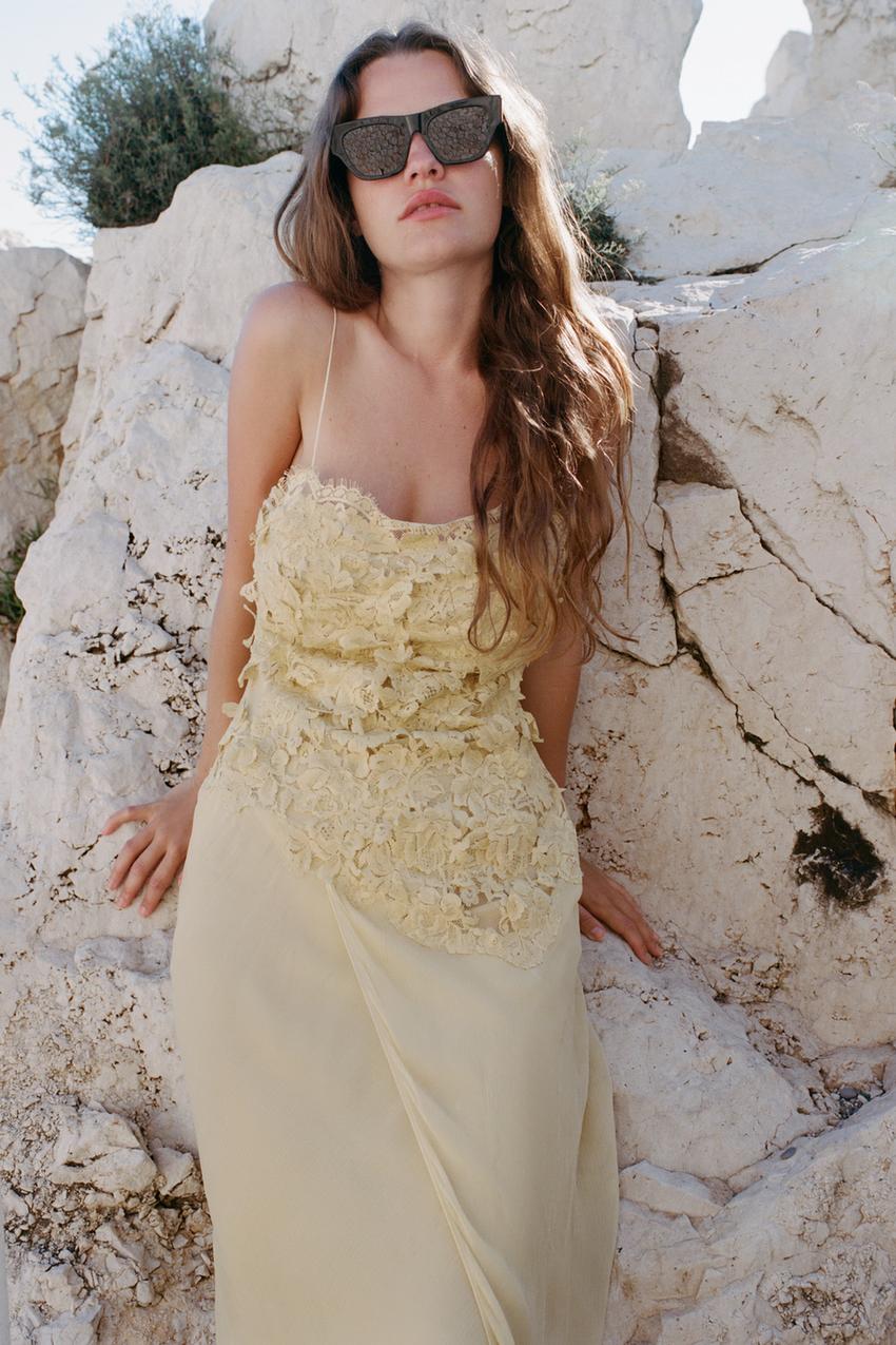 EMBOSSED LACE GEORGETTE DRESS - Yellow | ZARA United States EMBOSSED LACE GEORGETTE DRESS - Yellow | ZARA United States
