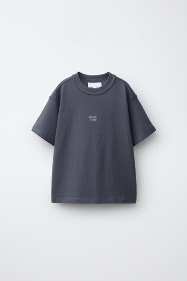 Zara HEAVYWEIGHT EMBROIDERED TEXT T-SHIRT - Blue / Gray - Image 0