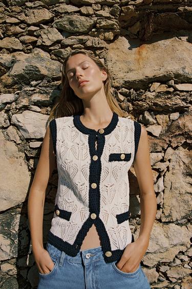 TOP VESTA ŽEBROVANÝ ÚPLET - Přírodní / Navy od Zara