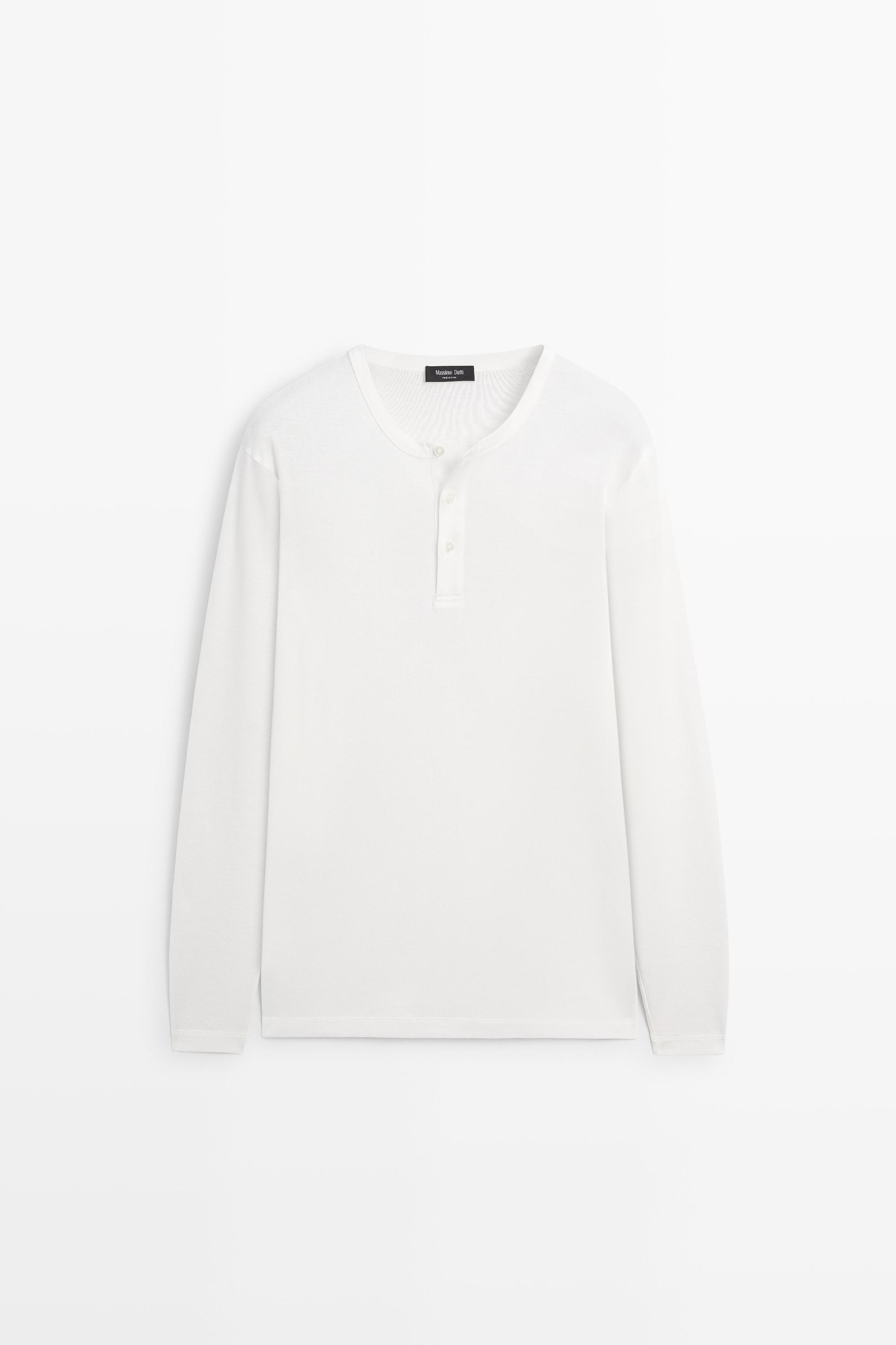 100% cotton long sleeve henley T-shirt — White