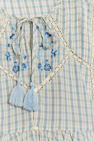 TOP À CARREAUX BRODÉ ENTRE-DEUX - Bleu / Blanc de Zara - Image 9