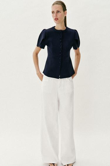 Zara 泡泡袖開衩針織外套 - 海藍色