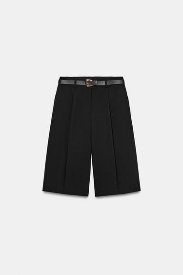 ロングバミューダパンツ ベルト付きブラックZaraのロングバミューダパンツ ベルト付き - ブラック 