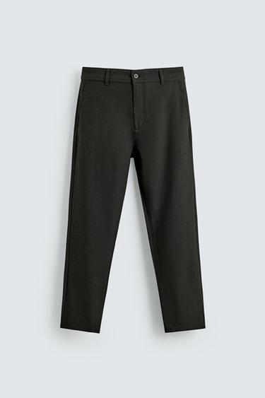 Zara TEXTURED STRETCH PANTS - Dark green