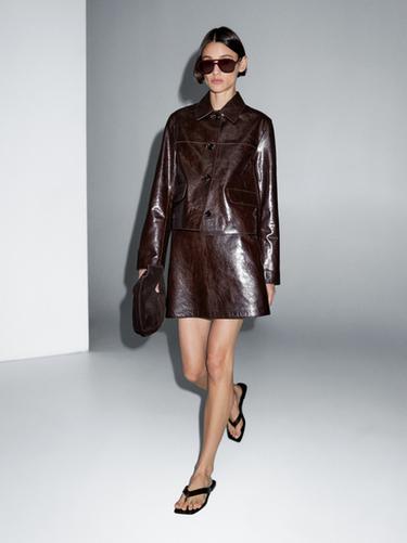 Zara Cropped nappa leather jacket - Burgundy