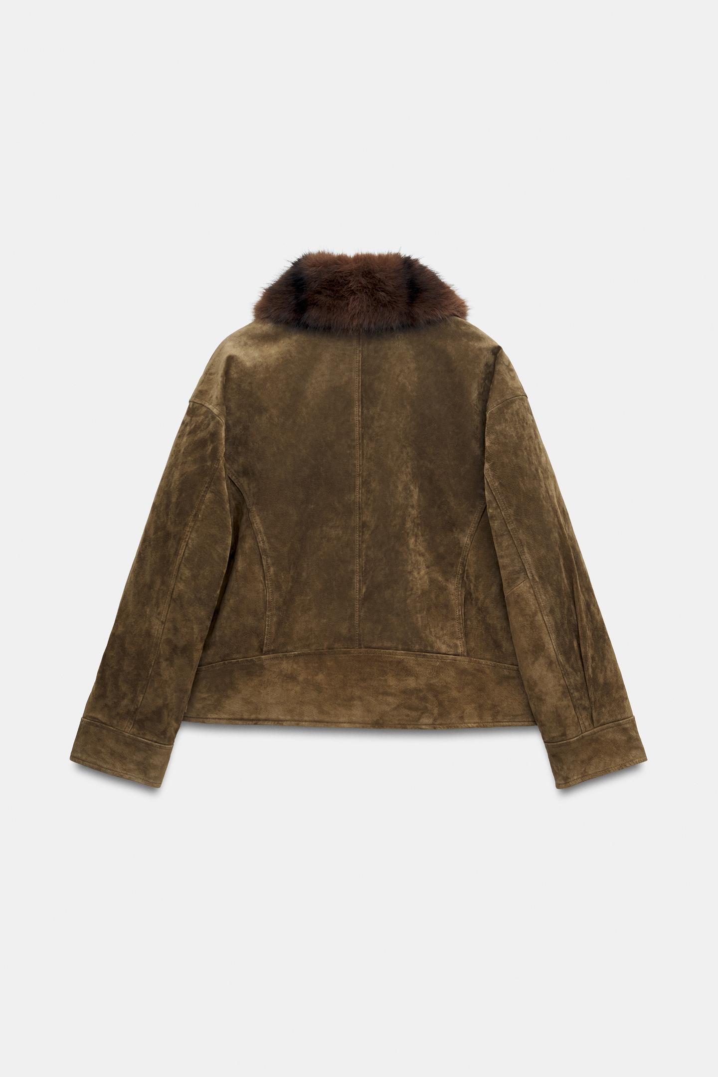 Женская куртка Zara 100% Leather Padded Jacket with Faux Fur Collar, цвет: Тёмный коричневый — фото 8