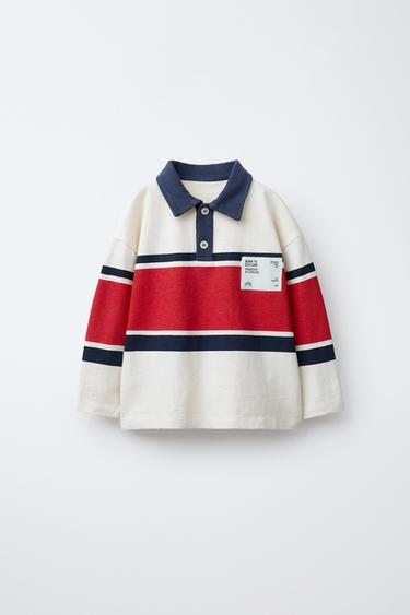 STRIPED POLO SHIRT WITH LABEL - Ecru / Red by Zara