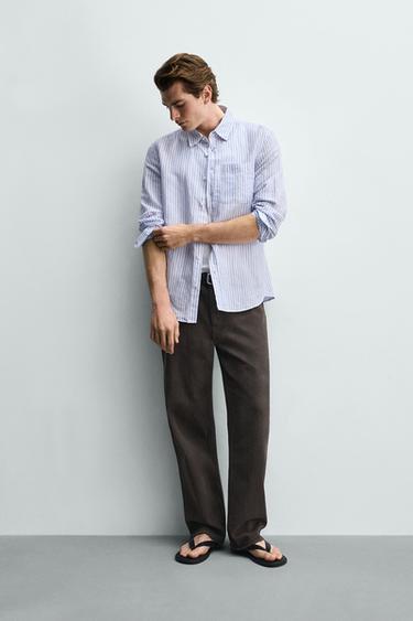 REGULAR FIT LINEN - COTTON SHIRT - Blue/White by Zara - Image 0